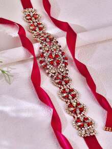 1pc Burgundy Rhinestone Bridal Belt, Sparkling Crystal Decor Belt, Suitable For Wedding Dress, Elegant Belt, Perfect For Christmas Party Formal Occasions - Burgundy Ribbon - View 10