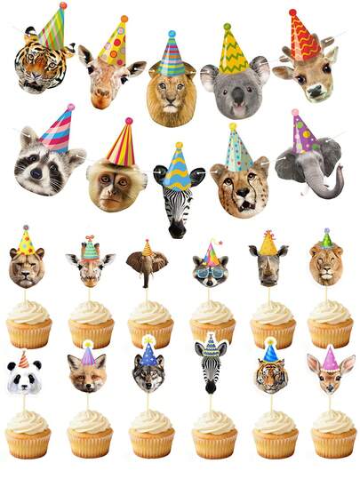 Safari Animal Birthday Party Decorations, Animal Birthday Banner, Animal Party Cupcake Toppers, Jungle Cake Decorations, Animal Party Banner Decor, Suitable For Jungle Theme Birthday Decorations, Zoo Party Supplies, Baby Shower, Party Favors