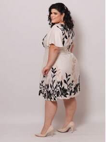 Women's Plus Size Short Dress With Printed Border, Short Sleeves, Elastic Back, Viscose Linen Twill, Casual Fashion... - 大馬士革禁忌 - 查看 3