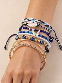 8pcs Bohemian Summer Vacation Personalized Fashion Versatile Handmade Beaded, Braided Rope, Twist Bracelet, Butterfly, Shell, Evil Eye Stackable, Elastic, Adjustable Bracelet Set, Suitable For Women Beach, Party, Large Gathering, Bar, Perfect Gift, All Season, Casual, Commute, Outing, Shopping Daily Wear - Multicolor - View 3