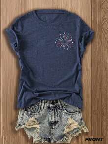 Retro Fireworks Shirt Patriotic T-Shirt, Preppy Coastal Lake T-Shirt, Colorful Summer T-Shirt, Beach Lover Gift Casual T-Shirt Vacation Set For Women - 藏蓝色 - 查看 2