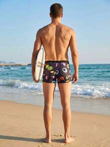 Men's New Black Base Eye Pattern Print Lined Drawstring Waist Swim Trunks, Casual Beach Holiday Hot Spring Water Sports Swimwear - Multicolor - View 3