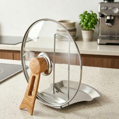 Stainless Steel Pot Lid Holder With Drain Tray-Punch-Free Soup Ladle Holder With Detachable Rack-Kitchen Utensils,Convenient For Storing Pot Lids And Draining,And A Removable Drainer For Kitchen Organization