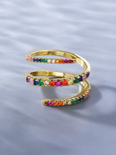 Nhẫn Zirconia xoắn ốc cầu vồng phong cách Bohemian, nhẫn hở sang trọng, đa năng dành cho nữ, thích hợp đeo đi làm.