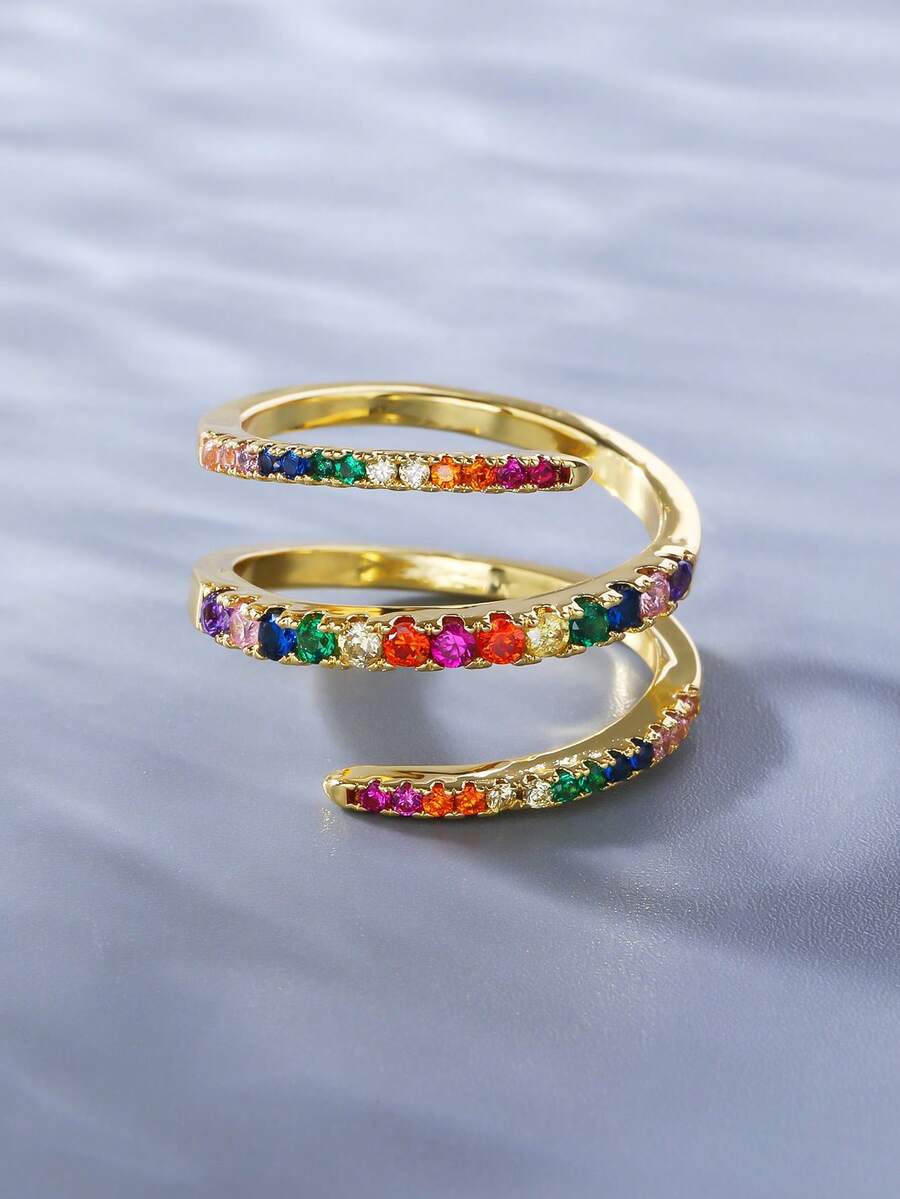 Nhẫn Zirconia xoắn ốc cầu vồng phong cách Bohemian, nhẫn hở sang trọng, đa năng dành cho nữ, thích hợp đeo đi làm. - nhẫn - Xem 1