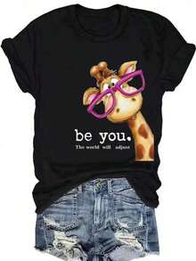 3 Camisetas de Mujer de Talla para Uso Diario Casual con Estampado de Jirafa Juguetona con Gafas Rosas y Lema, Camiseta Casual Adecuada para el Ocio Diario|Moda Urbana Local de Primavera/Verano||Uso Casual Diario Primavera Verano Moderno Moldeador|Conjunto de verano para mujer, ropa de vacaciones|Blusas elegantes para mujer, ropa de primavera, blusas de verano. - Negro - Ver 5