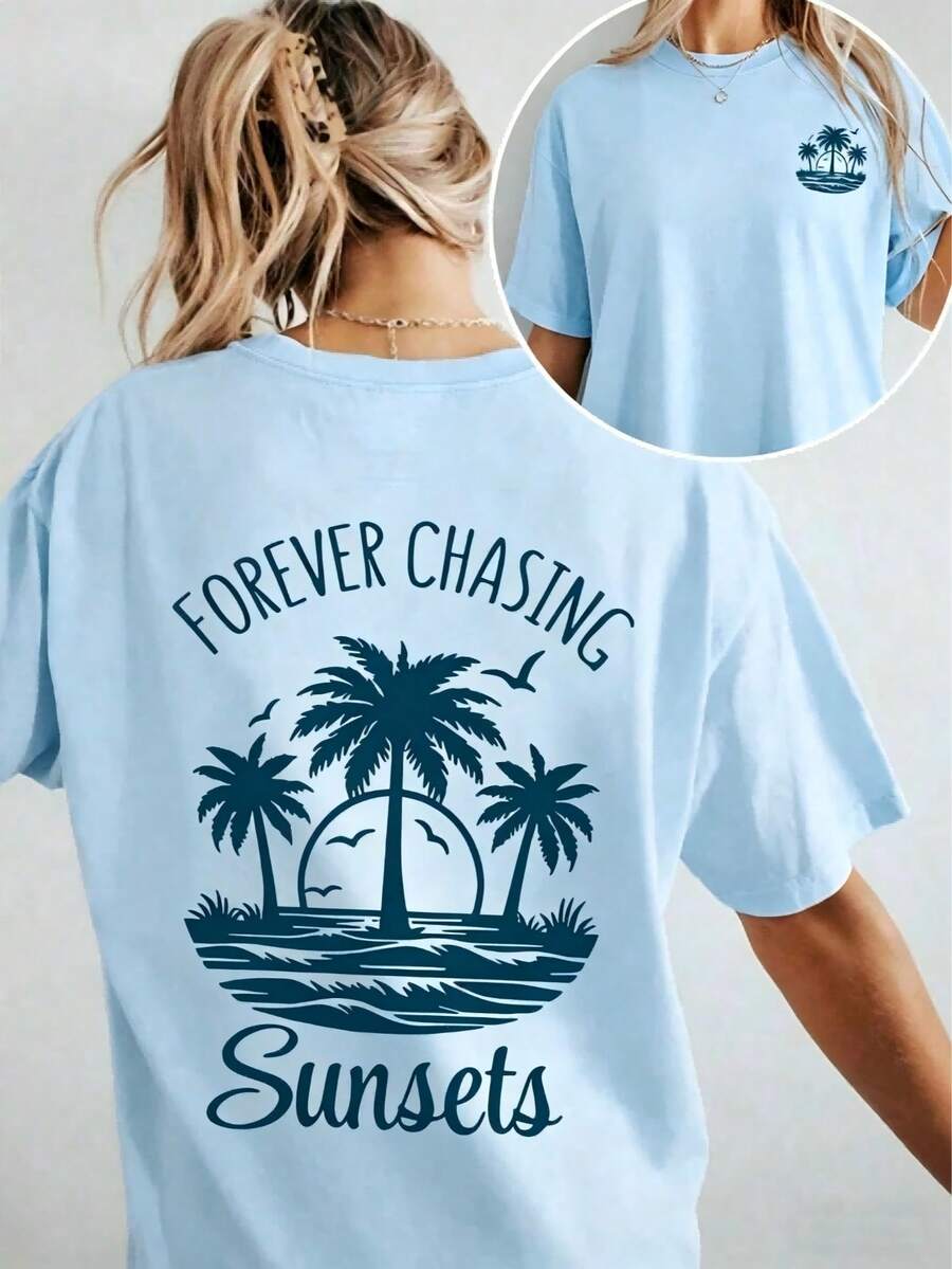 Beach Vacation Outfits Woman, Forever Chasing Sunsets Coconut Tree Sunset Print T Shirt, Beach Style Short Sleeved Loose Fitting Breathable - Blue - View 1