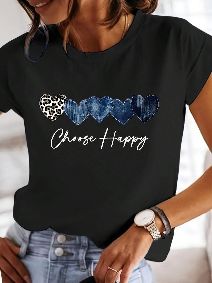 Camiseta casual elegante y compacta para mujeres con estampado en forma de corazón con texturas de leopardo y denim - Elija feliz, un regalo, cuello de tripulación casual - transpirable, ligero y cómodo, perfecto para un armario de primavera y verano