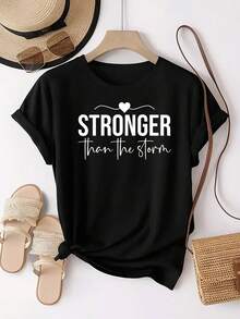 Women's "Bigger Than The Storm" Motivational T-Shirt - Short Sleeve Crew Neck Casual Athletic Top With Storm Design, Comfortable Wear, Machine Washable - Casual Outfits, Gym, Suitable For Women - 黑色 - 查看 1