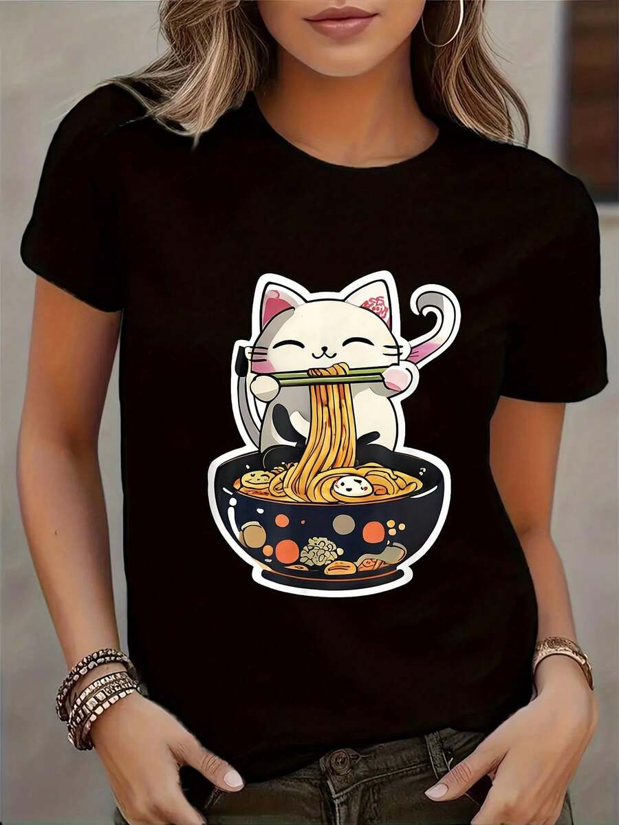 Women's Slim Fit Anime T-Shirt - Cute Cat & Ramen Print Kawaii Top, Short Sleeve Crew Neck Casual Blouse For All-Season Comfort, Machine Washable White Shirt For Themed Events & Casual Attire - 黑色 - 查看 1