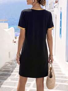 1pc Color Block Casual Patchwork Sequin Splice Dress, Vacation Beach Wear, Spring/Summer Elegant Black - Black - View 6