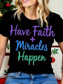 Women's Plus Size Christian T-Shirt 'Miracles Of Faith Happen' - Soft Stretch Crew Neck Short Sleeve With Purple Lettering And Key, Machine Washable Casual Church Dress Suitable For Christmas Gifts, Everyday Faith Wear - 黑色 - 查看 1