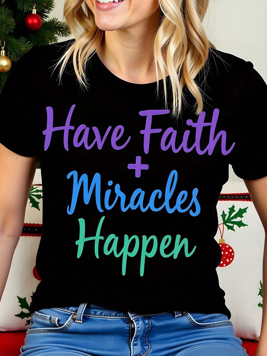 Women's Plus Size Christian T-Shirt 'Miracles Of Faith Happen' - Soft Stretch Crew Neck Short Sleeve With Purple Lettering And Key, Machine Washable Casual Church Dress Suitable For Christmas Gifts, Everyday Faith Wear - 黑色 - 查看 1