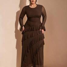 Plus Size Women's Elegant Flare Sleeve Long Dress With Ruffle Hem, Autumn/Winter/Christmas Dress,Formal Dresses For Women,Wedding Guest Dress Women,Dress Plus Size Woman,Dresses Casual,New Years Outfit Women,Plus Size Woman Dresses,Christmas Outfit Women,Dresses Casual,Gown For Women Elegant,Birthday Dress,Sexy,Wedding,Thanksgiving
,Brown Dress - Café integral - Ver 6