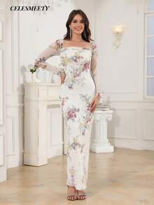 Women's Fitted Sequin Embroidered Floral Print Long Sleeve Dress, Suitable For Weddings, Parties And Other Occasions - White - View 5