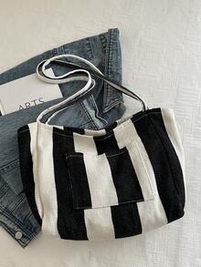 2026 New Retro Style Striped Canvas Bag, Large Capacity, Versatile Use, For Work, School And Outdoor Activities, Can Be Used As A Backpack - Rusty Rose - View 3