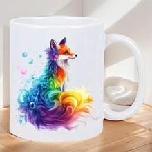1Pcs Magical Rainbow Fox Ceramic Mug - Whimsical Art Coffee Cup With Vibrant Gradient Design, Insulating White Ceramic, Hand Wash Only, Reusable For Coffee, Tea & Home Decor - 白色 - 查看 2