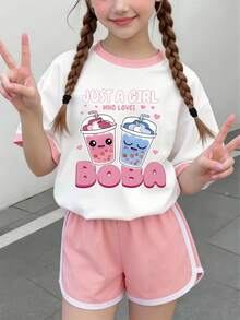 2pcs/Set Girls Cute Bubble Tea Graphic T-Shirt And Shorts, Soft Comfortable Fabric, Spring/Summer Outfit - Multicolor - View 2