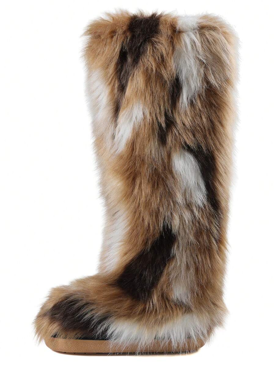 Womens New Faux Fur Snow Boots Round Toe Non Slip Fuzzy Fluffy Y2K Style Knee High Warm Furry Winter Boot Cozy Pull On Party Indoor Outdoor Casual Elegant Gifts Concert Tall Spring Brown Booties For Women - Nhiều màu - Xem 1
