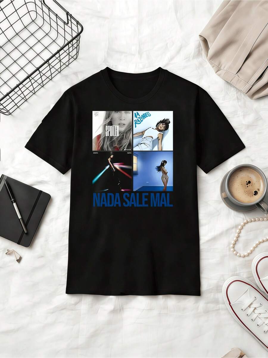 Spanish Singer  Nada  Mal Album Collage Fan Cotton Summer Short Sleeve T-Shirt - Black - View 1