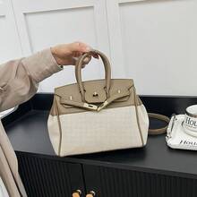 2026 New  European And American Retro Versatile Fashionable Color-Contrast Platinum Bag Large Capacity Commuting Shoulder Crossbody Bag,Structured PU Leather Handbags With Top Handle, Elegant Satchel Shoulder Bag - 撞色黑 - 查看 1