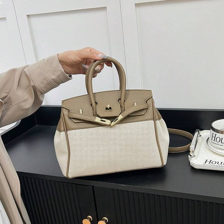 2026 New  European And American Retro Versatile Fashionable Color-Contrast Platinum Bag Large Capacity Commuting Shoulder Crossbody Bag,Structured PU Leather Handbags With Top Handle, Elegant Satchel Shoulder Bag - 撞色黑 - 查看 1