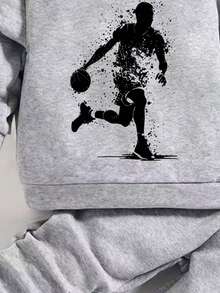 Baby Boy Cartoon Print Crew Neck Long Sleeve Warm Sweatshirt And Pants Set - Grey - View 5