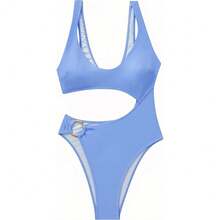 Women's Cutout One Piece Swimsuit, Scoop Neck High Cut Monokini With Side Cutout & Gold Ring Accent, Tummy Control Swimwear For Beach, Pool And Summer Vacation, 7 Colors Available - 寶藍色2697-5 - 查看 6