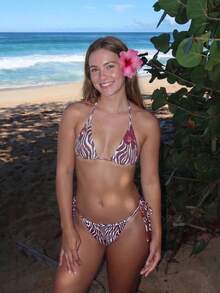 Elegant Zebra Print Bikini Set - White 2 Pieces With Burgundy Floral Accent | Charming Beach Style For Summer Vacation - Multicolor - View 2