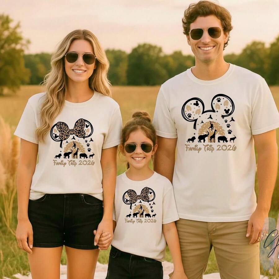 Disney 1PC Licensed 2026 "Family Trip" Safari Leopard Mickey Ears Family Matching Short Sleeve T-Shirt, Perfect For Family Trips, Vacations & Theme Parks. 2026 New Style, Ideal For Disney Travel, Family Gatherings & Casual Outings, Suitable For Men, Women & Kids. Made Of High-Quality Cotton, Comfortable & Breathable Fabric. Exquisite Vivid Safari Animal & Mickey Print Design, The Best Gift For Disney Fans & Families. - Women's/Children's T-shirts - View 1