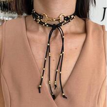 Long Gold-Tone Bridle Necklace With Small Beads, Country Western Cowgirl Boho Style, Women's Leather. - 黑色 - 查看 1