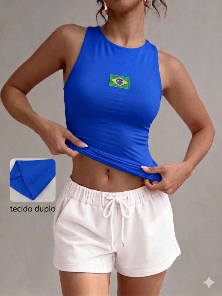 Women's Double-Layered Polyamide Blouse With Brazil World Cup Theme. Suitable For Evenings, Holidays, Vacations, Office, Home, Diaries, Birthday Parties, Dating, Homecoming, Travel, Brunch, Airport Wear, Sports And Fitness. - Màu xanh lam - Xem 1