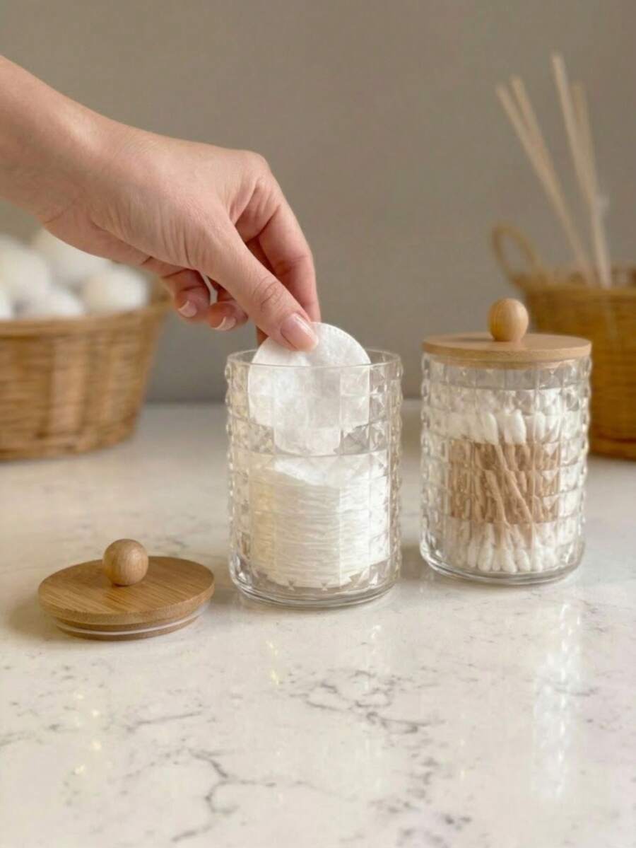Acrylic Organizer Jar With Bamboo Lid – Cotton Swab And Cotton Holder 1 To 5 Units Transparent Acrylic - Rust Brown - View 1