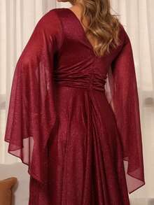 Luxury Long Dress With Flowing Sleeves And Deep Neckline – Timeless Elegance And Sparkle For Parties* - Color caoba - Ver 5