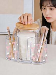 1 pièce Boîte de rangement en plastique transparent avec couvercle en bambou motif nœud rose, 3 en 1. Avec 3 trous ronds, boîte de rangement de cosmétiques de bureau. Avec 3 compartiments, boîte de rangement pour maquillage transparente - Boîte de rangement de coiffeuse moderne avec couvercle, organisateur de vanité de salle de bain, convient pour les pinceaux de maquillage, les rouges à lèvres, les outils de maquillage, le sac de rangement de cosmétiques, la boîte de rangement de cosmétiques, les accessoires de vanité, le sac de cosmétiques, le coffret à bijoux, le porte-pinceau de maquillage, la boîte de rangement de parfum, cadeau pour femme, cadeau pour dame - Multicolore - Voir 4
