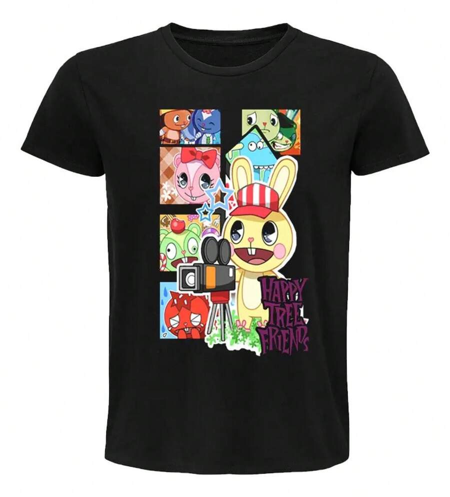Cuddles T-Shirt And The Cast Of Happy Tree Friends, Retro Cartoon - Black - View 1