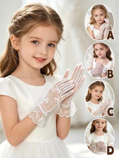 1 đôi găng tay ren trắng cho bé gái từ 3-8 tuổi, nhiều kiểu dáng để lựa chọn, kiểu dáng công chúa thanh lịch, phù hợp cho bé gái dự lễ cưới, lễ rước lễ, tiệc trà, tiệc sinh nhật và các dịp khác.