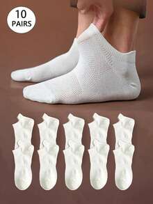 1/5/10 Pasang Kaos Kaki Pendek Pria Warna Putih, Bernapas, Tahan Lama, Menyerap Keringat & Tahan Bau, Nyaman untuk Musim Semi/Panas - Putih - View 6