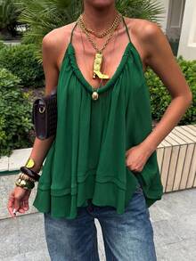 Áo croptop kiểu boho cổ yếm màu trơn nhẹ, thoải mái cho mùa hè. - màu xanh lá - Xem 1