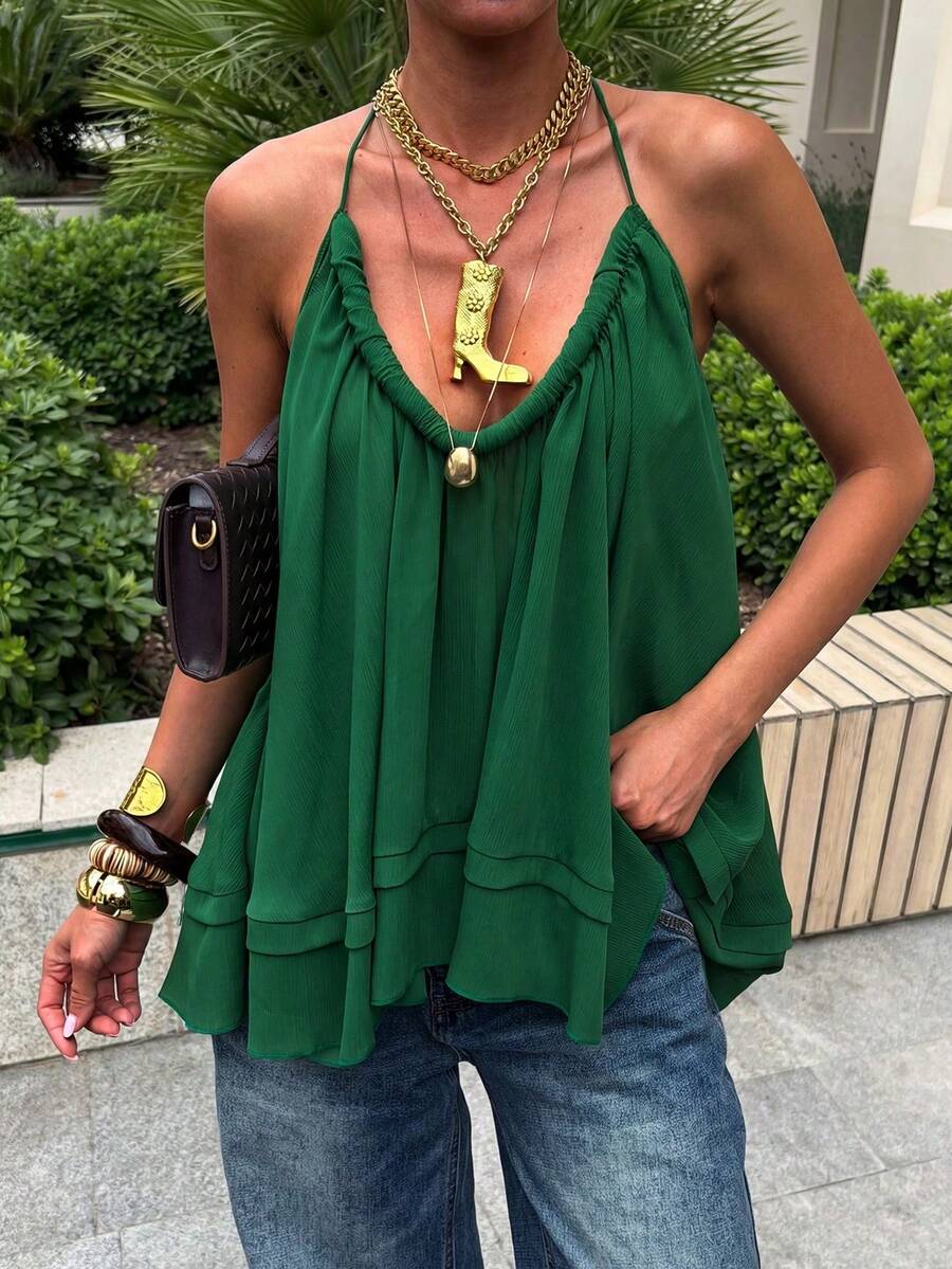 Áo croptop kiểu boho cổ yếm màu trơn nhẹ, thoải mái cho mùa hè. - màu xanh lá - Xem 1