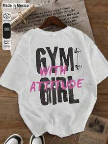1 Pieza Camiseta de Mujer con Estampado, Estilo Realista de Fitness Camiseta Negra GYM CON ACTITUD CHICA, 1 PC Camiseta de Cuello Redondo para Mujeres, 180g 100% Algodón Puro, Fresca y Cómoda para la Vida Casual, Deporte, Gimnasio, Viaje, Regalo, Vacaciones de Verano, Día de la Independencia de México - Blanco - Ver 5