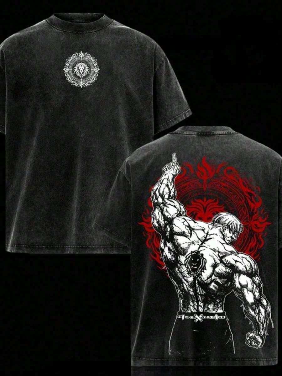 Escanor The One T-Shirt – Vintage Washed Seven Deadly Sins Lion Sin Of Pride Anime Graphic Tee, Noon Power Gym Aesthetic Print, Oversized Soft Cotton Streetwear, Unisex Casual Apparel, Gift For Anime Fanssummer Outfits For Women100 Percent Cotton Graphic Tees - 黑色 - 查看 1