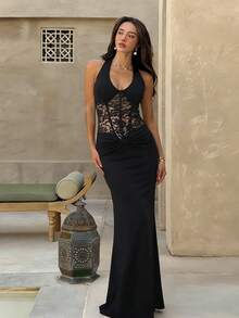 Sensual Fitted Dress With Halter Neck And Combined Lace - 黑色 - 查看 1