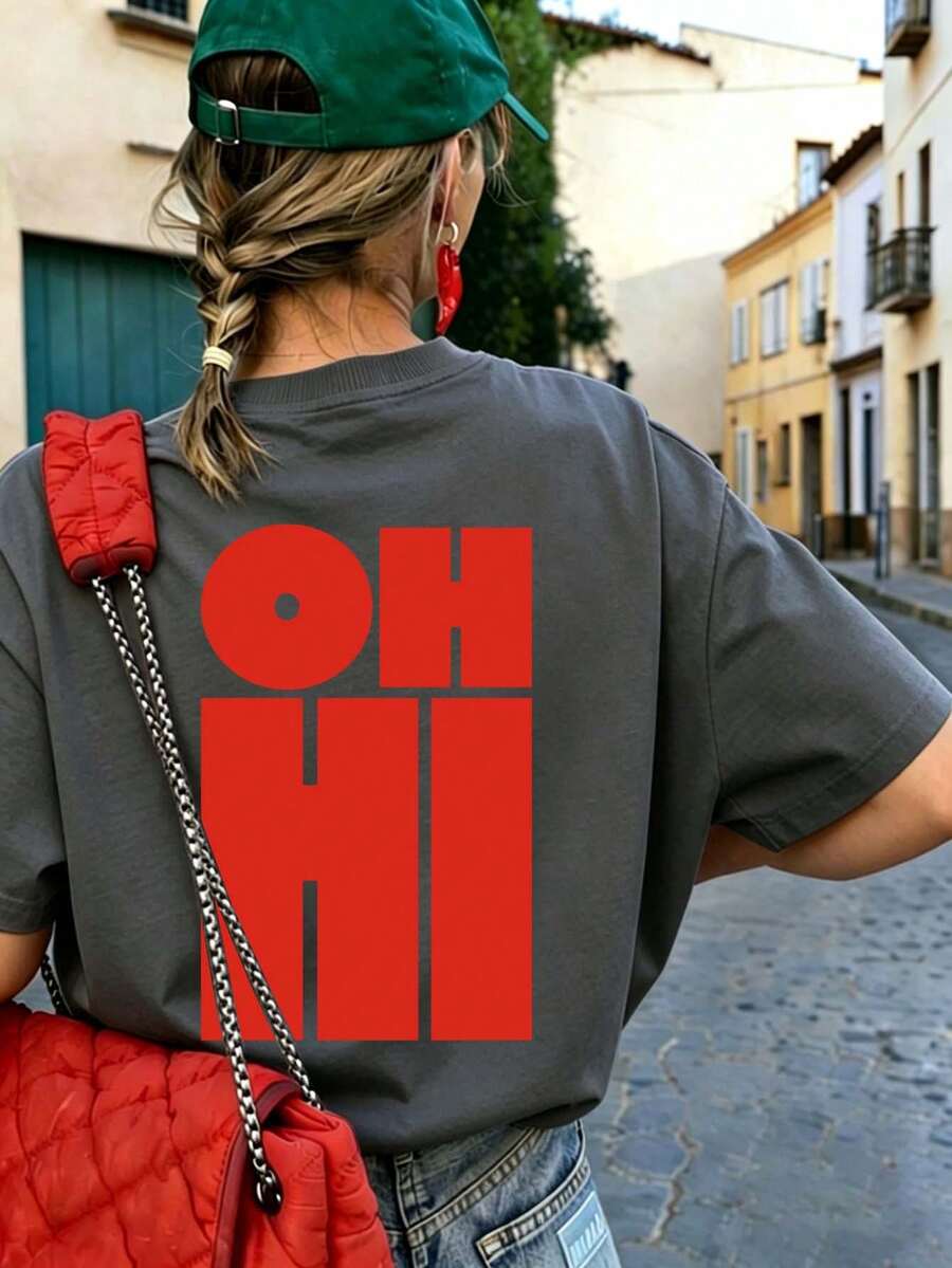 Red OHHI Letter Print Pattern Round Neck T-Shirt Short Sleeve. Women's New Simple Cute Pattern Casual Vacation Style Loose Regular Fit Short Sleeve Round Neck Knit Fabric - Dark Grey - View 1