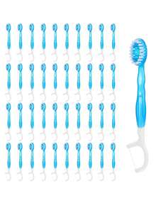 12/10/8/4/1pcs Set: Pre-Coated Toothbrush Set - Mini Travel Toothbrush. 5-In-1 Pre-Packed Mini Toothbrush, Includes Floss, Toothpick And Tongue Cleaner. Portable Fresh Toothbrush - Individually Packaged, Suitable For Work And Travel. Tongue Scraper, Made Of Stainless Steel, Includes Interdental Cleaning Brush And Gum Massager. - Blue Mint Flavor - View 3