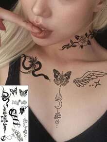 2 buah Stiker Tato Temporer Pola Kecil Campuran Hitam, Desain Bergaya Unisex Berbentuk Ular, Mawar, Hati, Sayap, Kupu-kupu, dan Bulan. Bertahan 2-5 Hari di Kulit, Mudah Dipasang dan Dilepas, Stiker Tato Seni Tubuh Sekali Pakai. - Hitam - View 6
