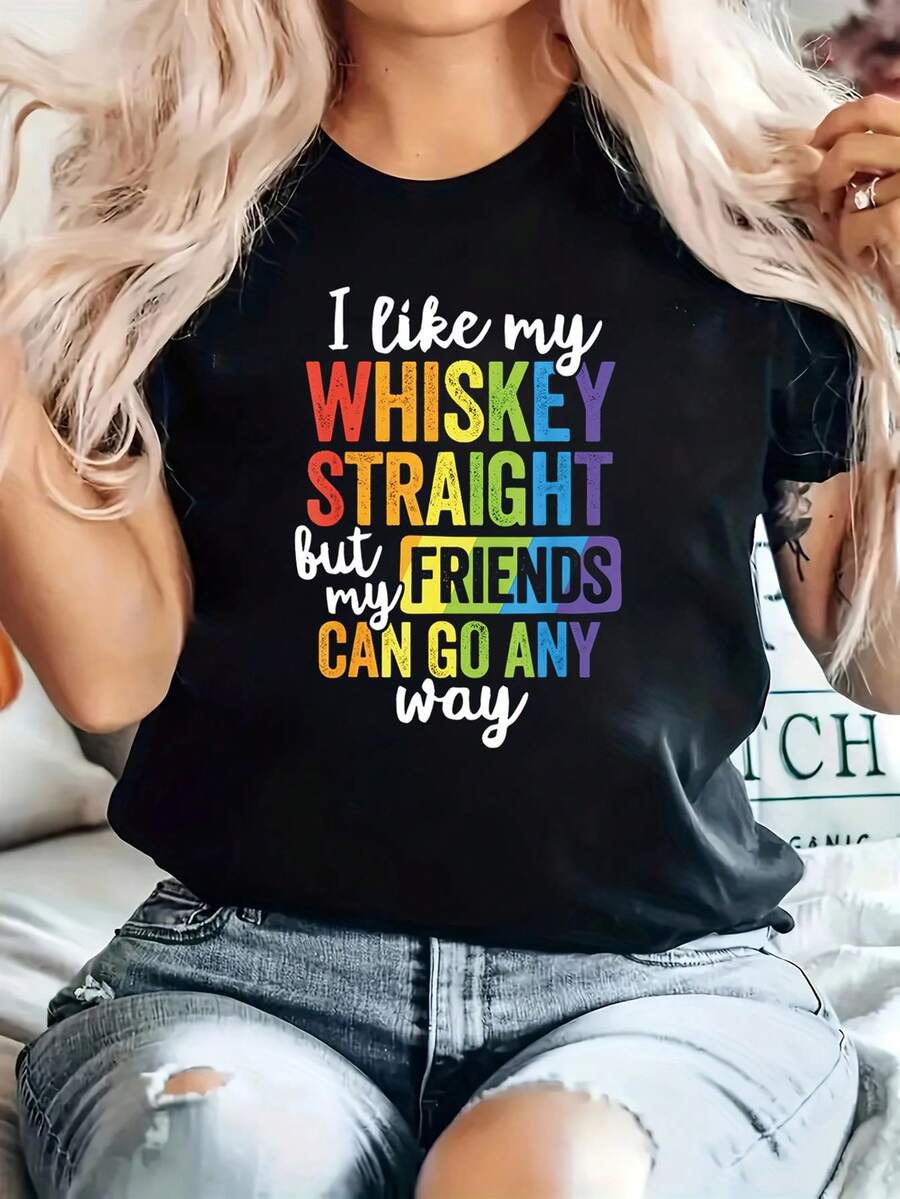 Casual cuello tripulación manga corta confort tee top para la primavera y el verano, con un whisky impresión recta, diseñado para las mujeres