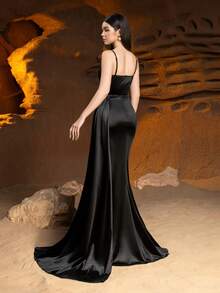 Alisa&Leo Elegant Satin Prom Dress - Spaghetti Strap Design, Waist Mesh Decor And High Slit Mermaid Hem - Suitable For Attending Balls, Galas, Weddings And Other Formal Occasions - Black - View 9