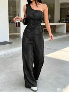 Elegant Women's Two-Piece Set Featuring Pinstripes, An Asymmetrical Neckline, A Sleeveless Tank Top, And Wide-Leg Trousers. Made From A Linen Blend, Perfect For Autumn. - 黑與白 - 查看 3