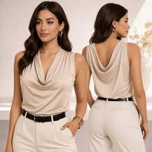 Women's Blouse With Cowl Neck In Spandex – Elegant Tank Top, Comfortable Summer Fashion - Black - View 2